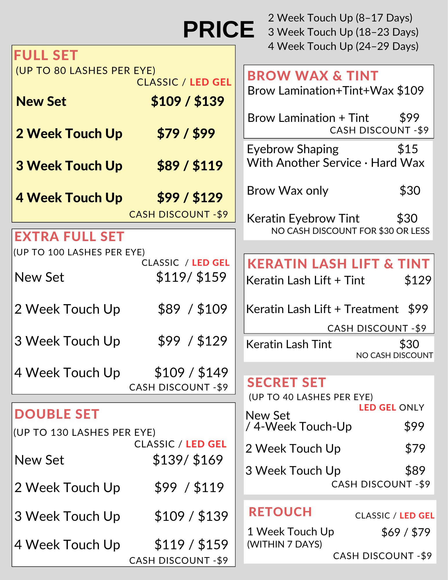 Price List 1 Tall and Great Lash, Brow & Lash Lift Price List