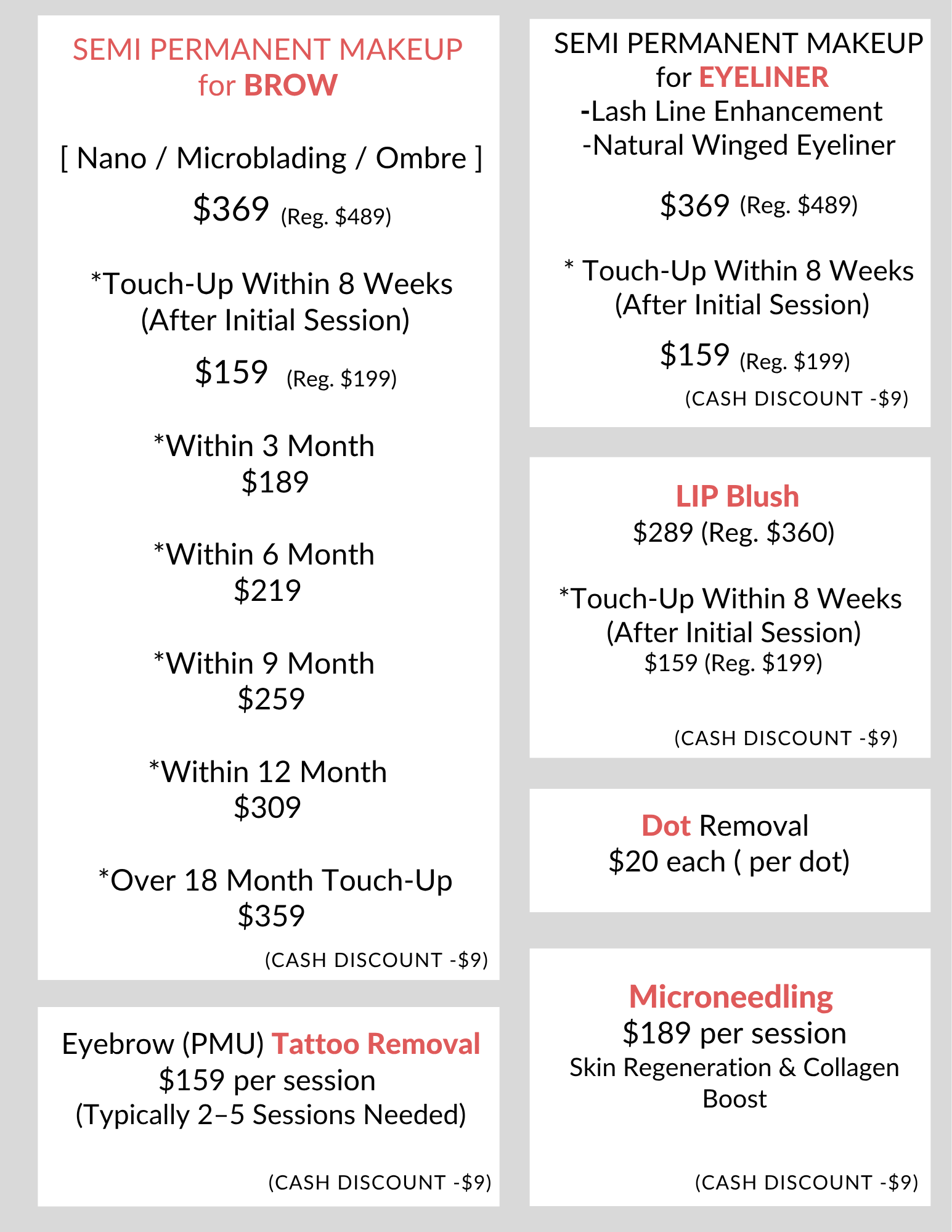 Price List 2 Tall and Great PMU & Skin Treatment Price List